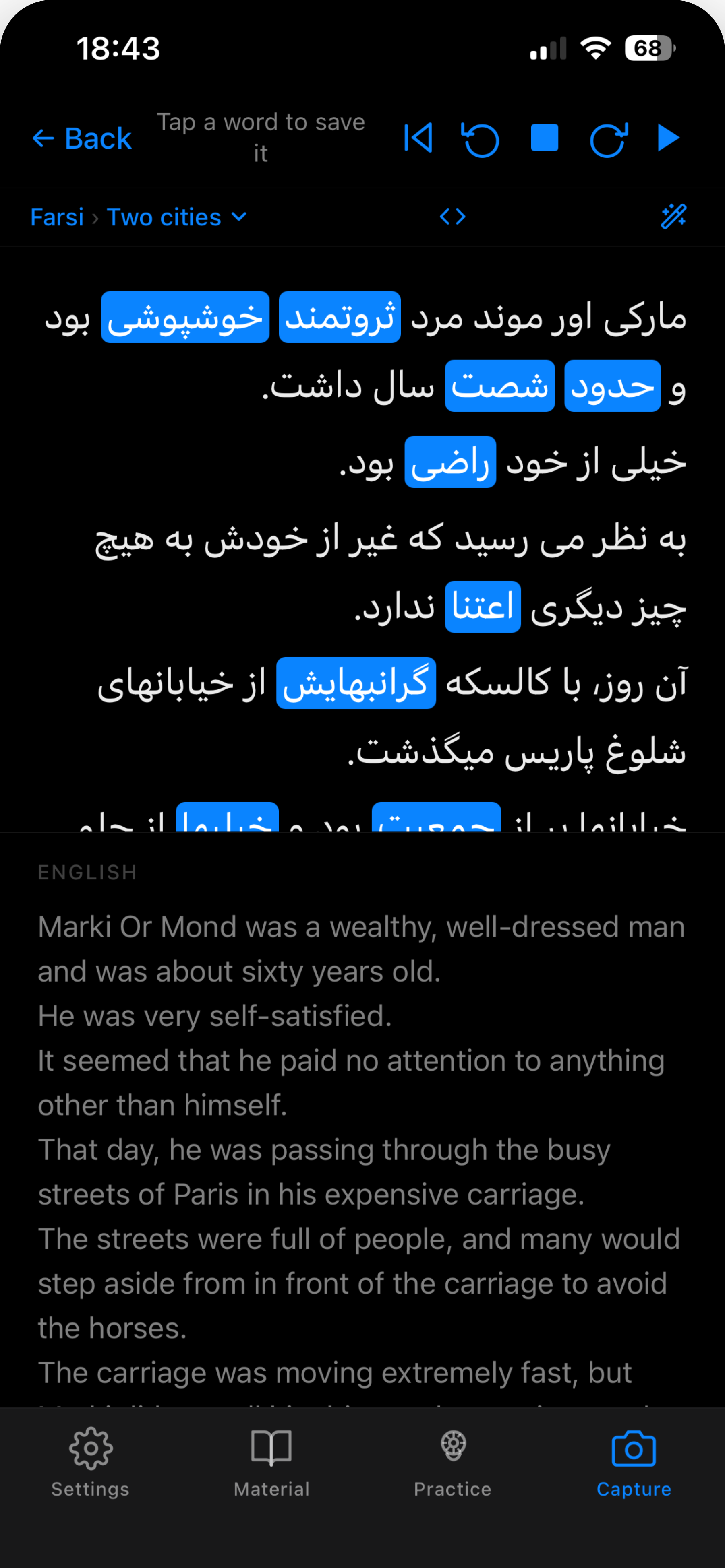 Yadger capture screen with words highlighted for translation